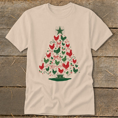 T-shirt with a Christmas tree shape made of red and green chickens.