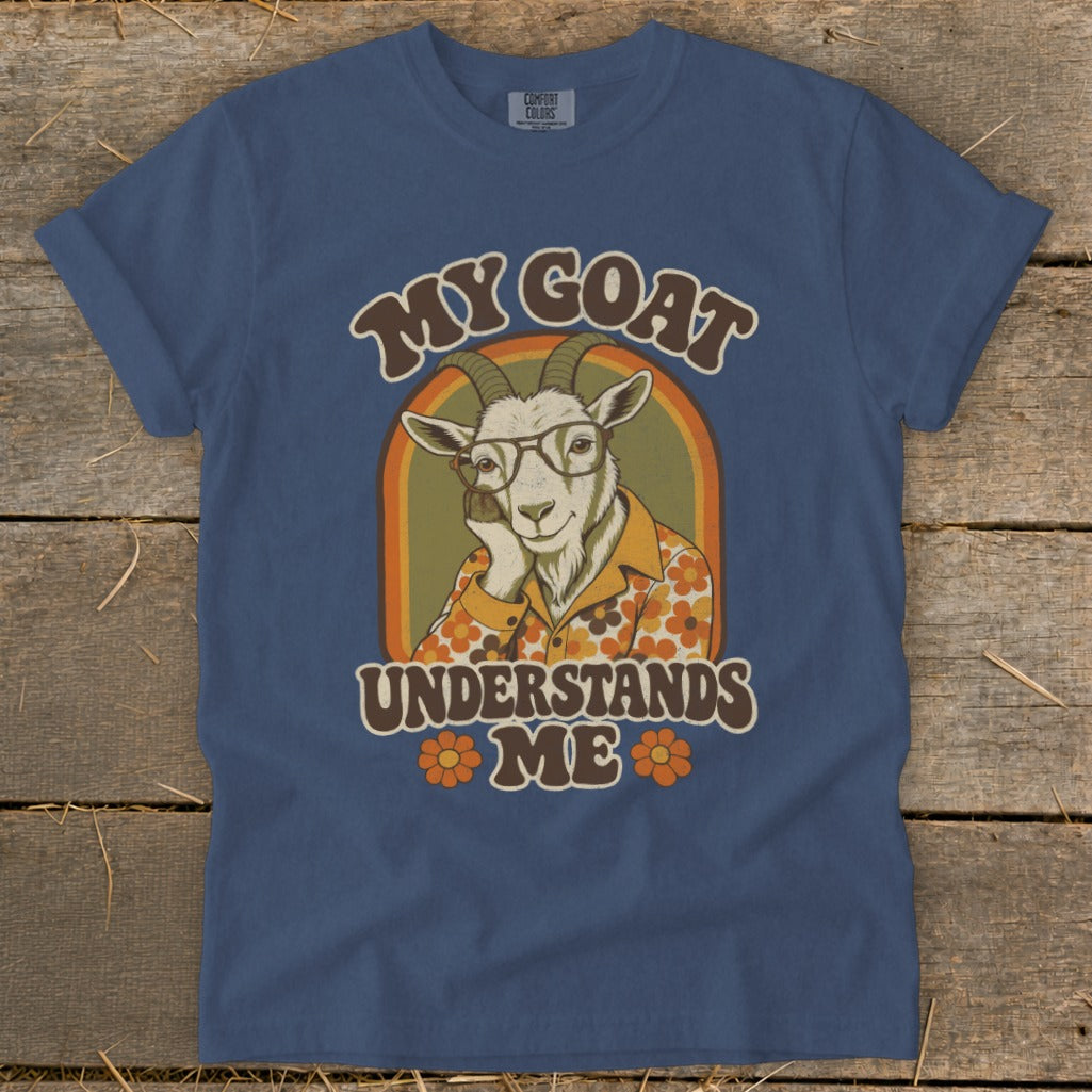 Goat wearing glasses and a retro shirt, "My Goat Understands Me" text.