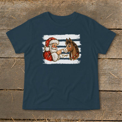 Santa booping a horse's nose with the word "Boop" and bells.
