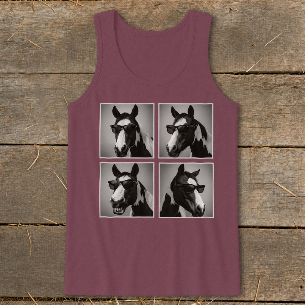 Maroon tank top featuring a collage of four black and white images of a horse wearing sunglasses.