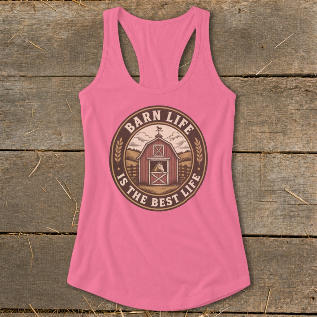 Pink tank top with "Barn Life Is The Best Life" circular graphic featuring a barn and horse.