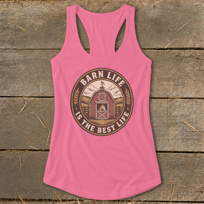 Pink tank top with "Barn Life Is The Best Life" circular graphic featuring a barn and horse.