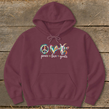 Maroon hoodie with peace, heart, and colorful goat graphic and text "peace love goats".