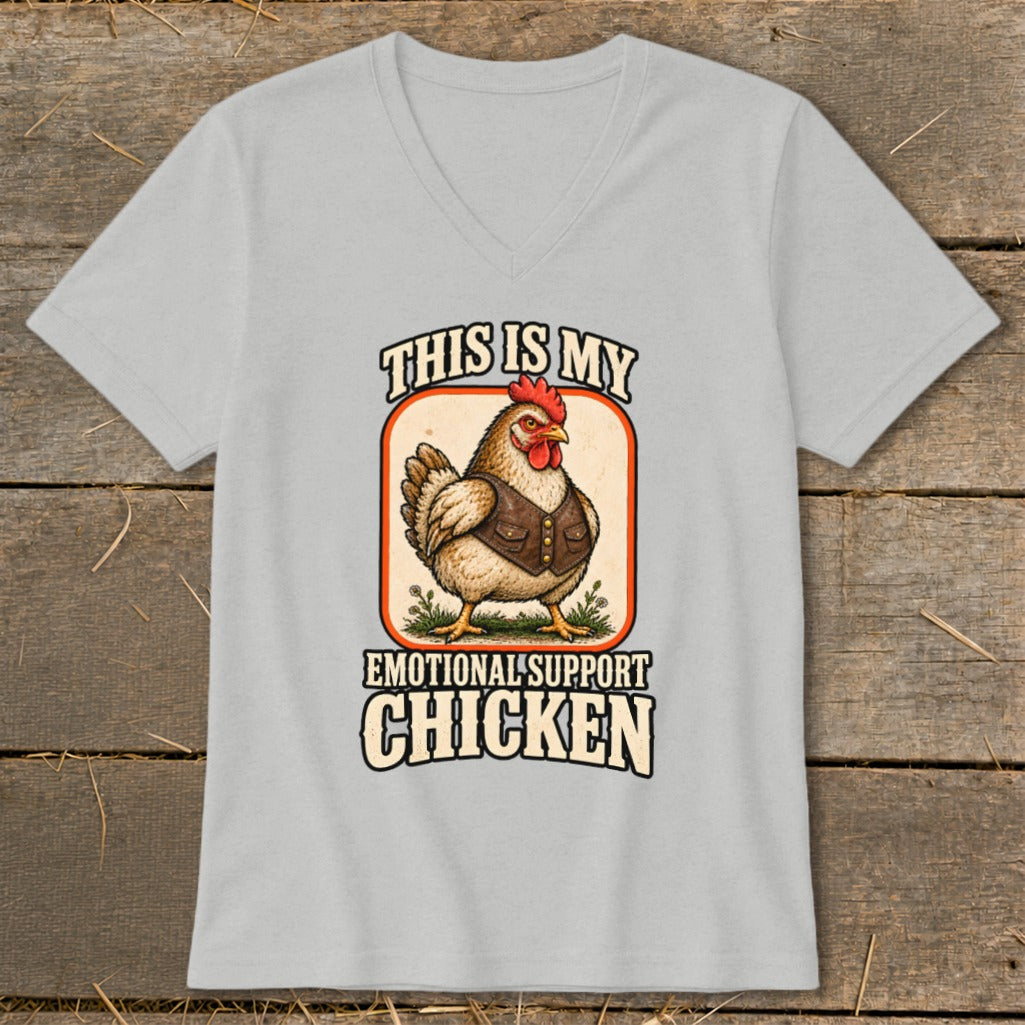 Chicken wearing a vest with text "This is My Emotional Support Chicken".