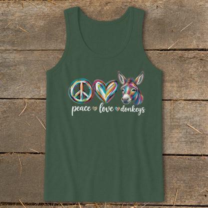 Green tank top with peace, heart, and donkey design and text.