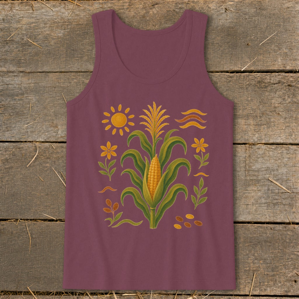 Burgundy tank top with a corn stalk, sun, flowers, and wavy lines design.