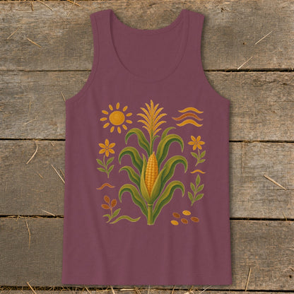 Burgundy tank top with a corn stalk, sun, flowers, and wavy lines design.