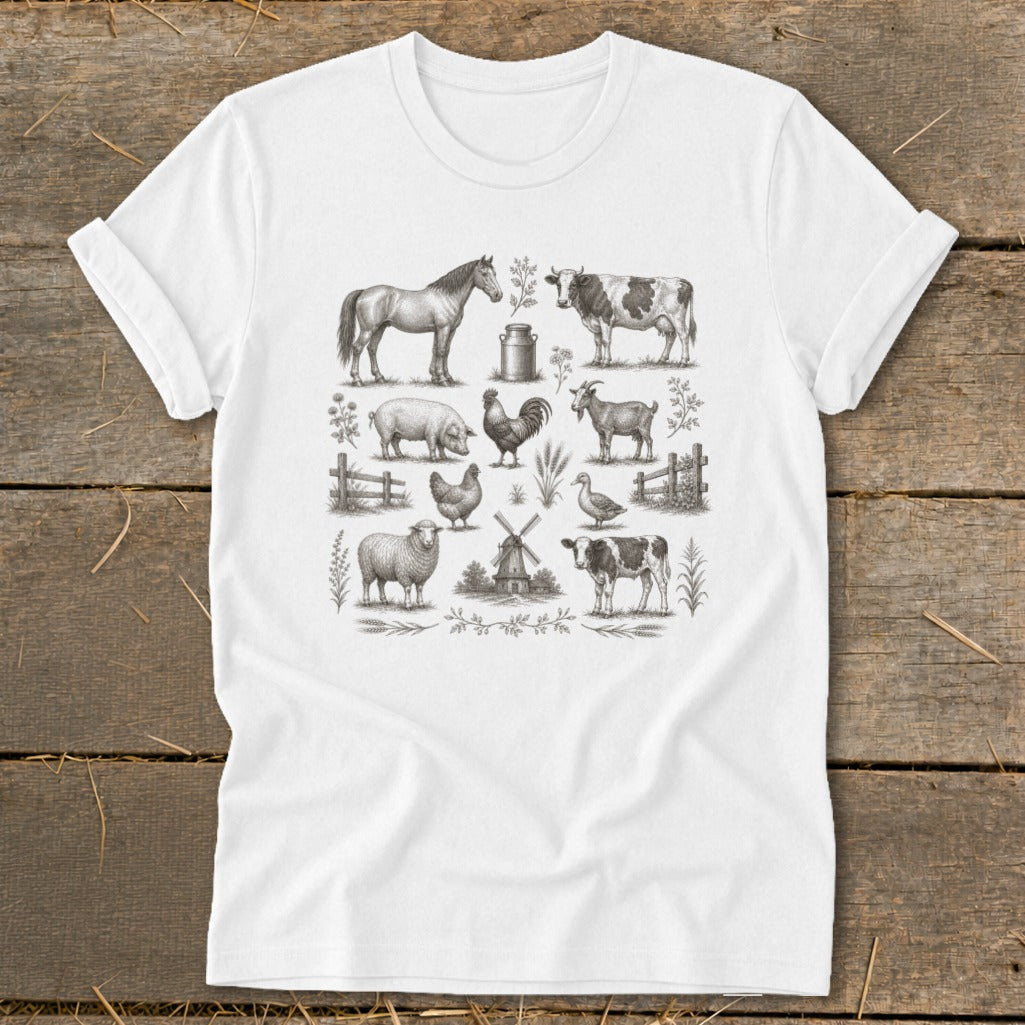 White t-shirt with a vintage farm animal illustration, including horse, cow, pig, rooster, sheep, and duck.