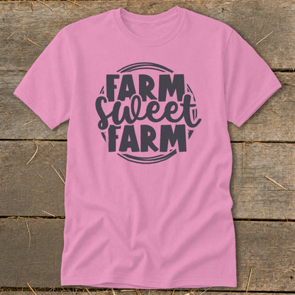Pink t-shirt with "Farm Sweet Farm" text graphic in a circular design.