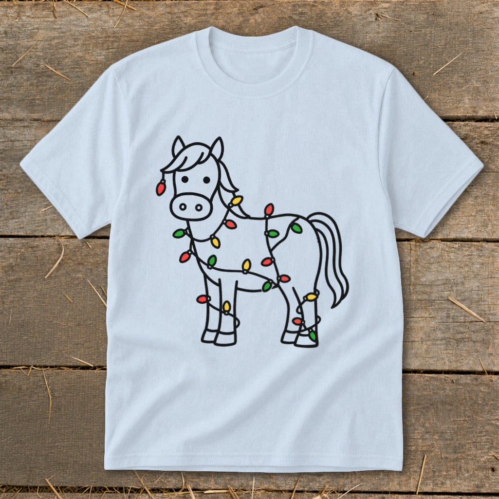 Light blue t-shirt with line art of a horse wrapped in Christmas lights.