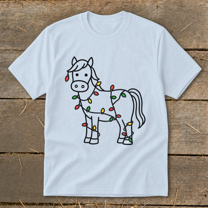 Light blue t-shirt with line art of a horse wrapped in Christmas lights.