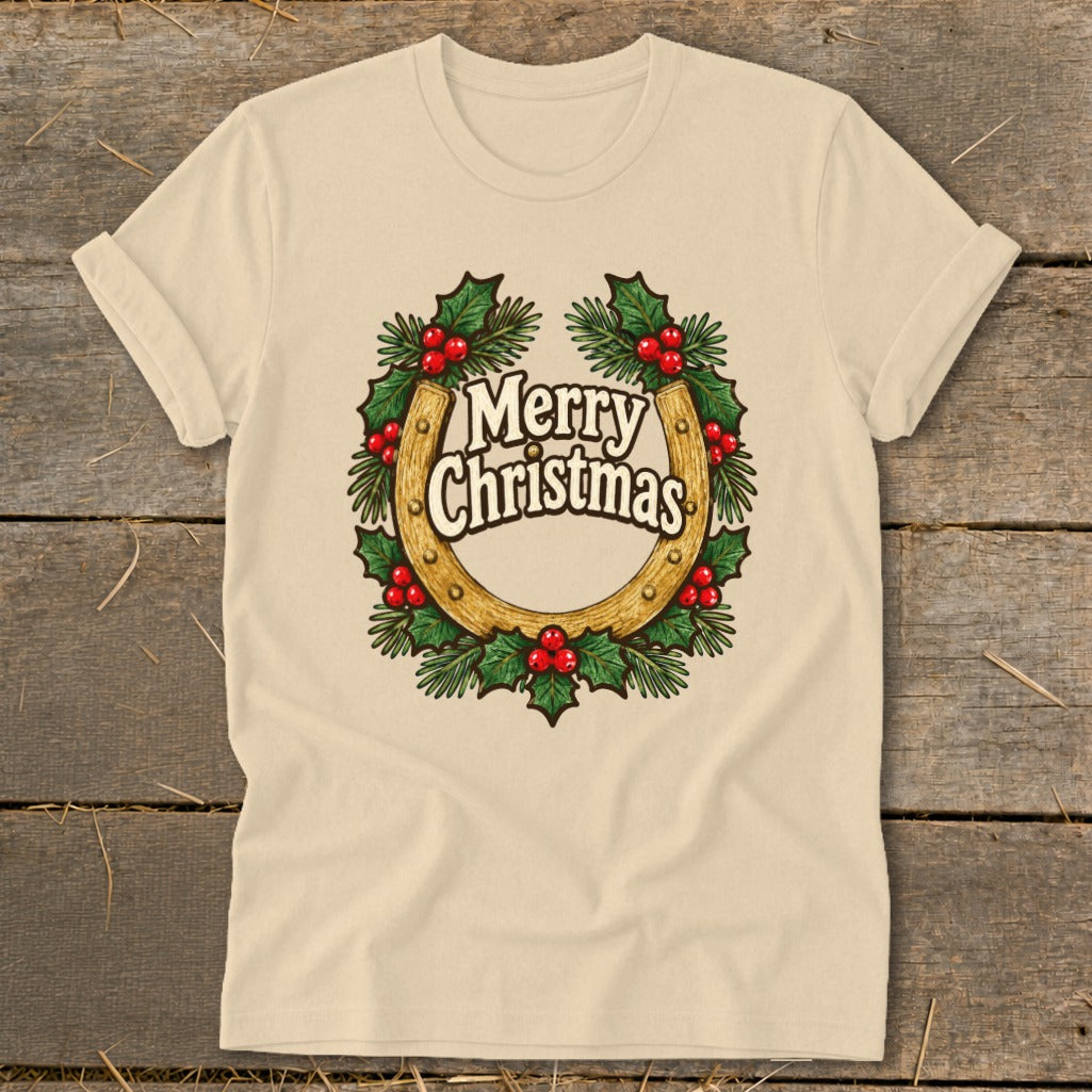 Beige t-shirt with a horseshoe wreath and "Merry Christmas" text.