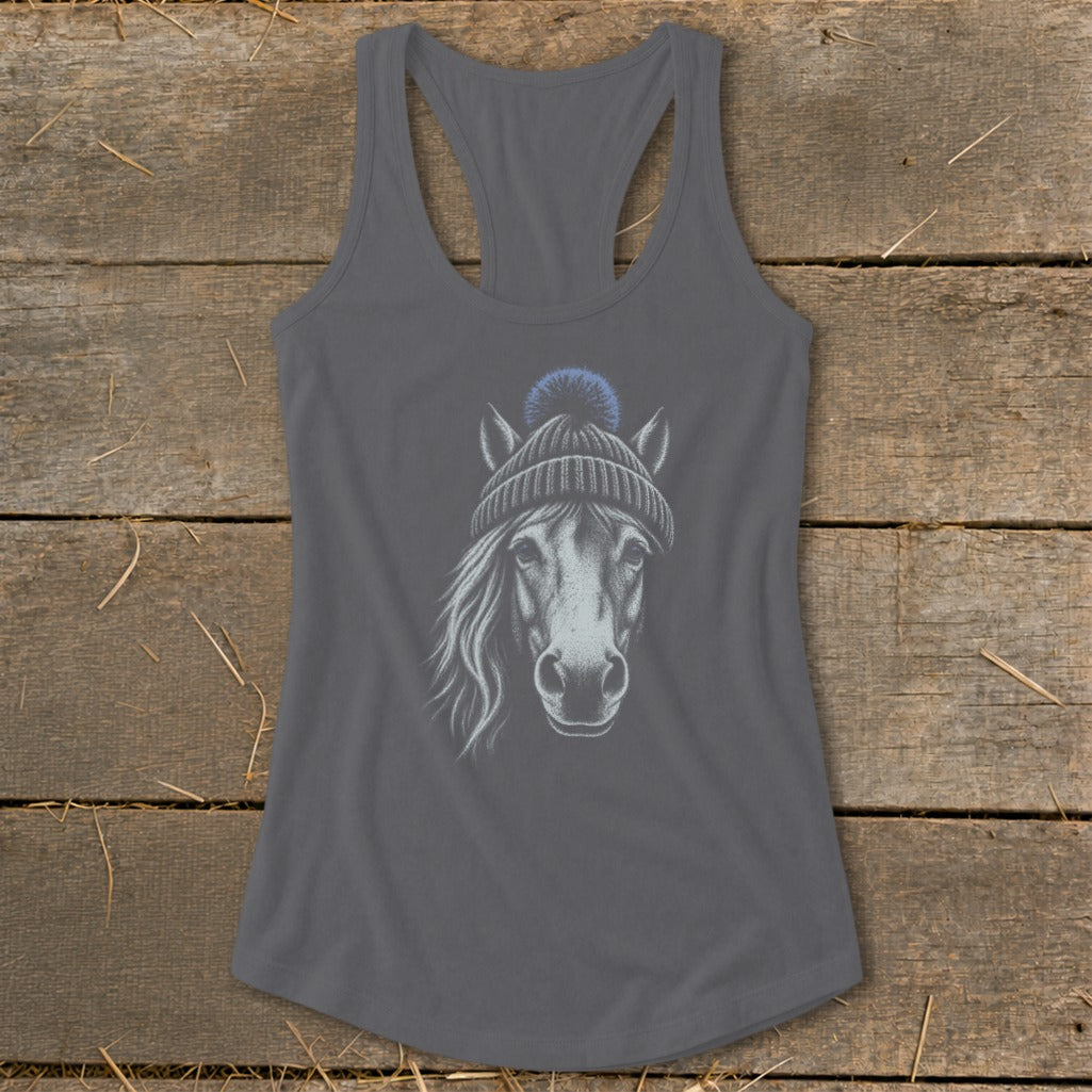 Gray tank top with a sketch of a horse wearing a blue beanie.