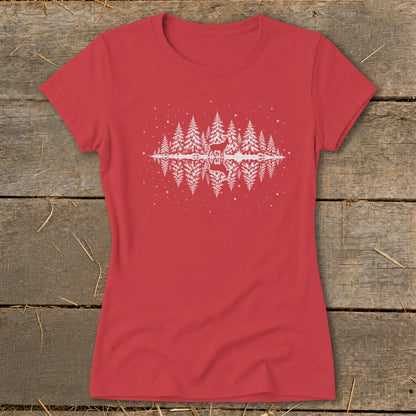 Red t-shirt with white winter forest and deer reflection graphic.