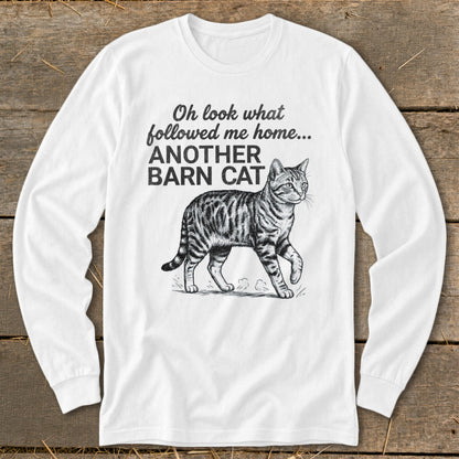 White long sleeve shirt with black text and illustration of a tabby cat.