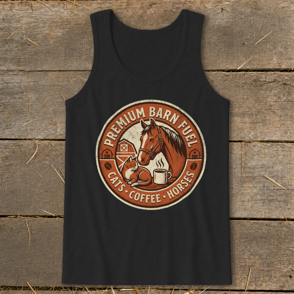 Circular emblem with horse, cat, coffee cup, and text: "Premium Barn Fuel Cats Coffee Horses"