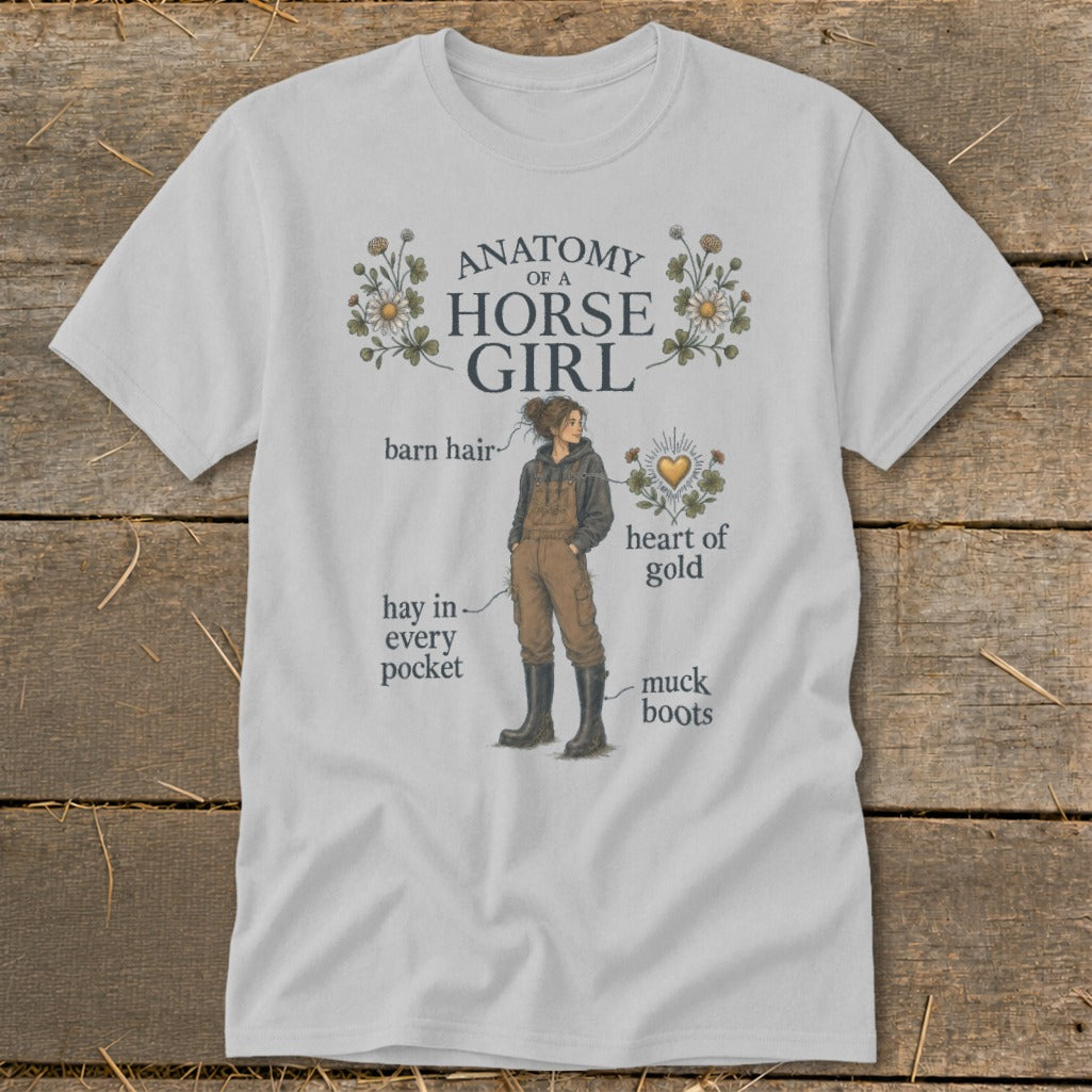 White t-shirt with "Anatomy of a Horse Girl" graphic and text labels.