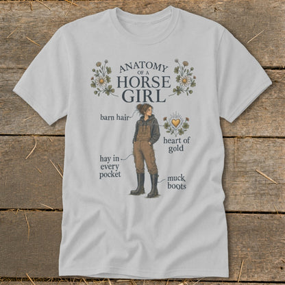 White t-shirt with "Anatomy of a Horse Girl" graphic and text labels.