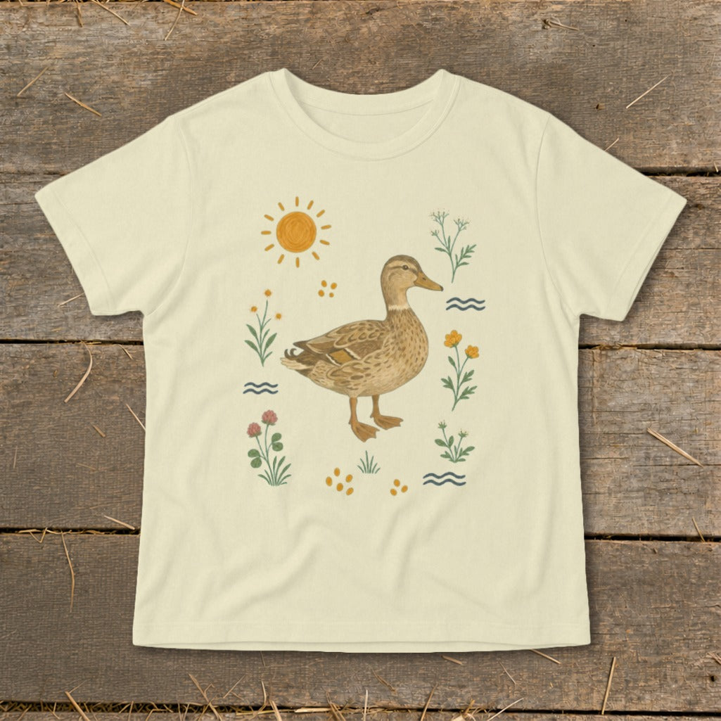 Cream t-shirt with a duck surrounded by flowers, a sun, and water designs.