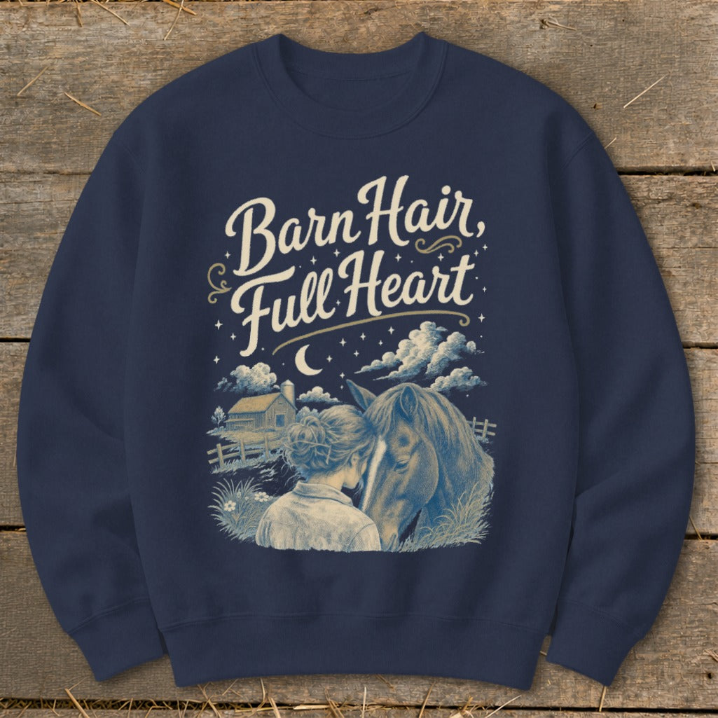 Navy sweatshirt with "Barn Hair, Full Heart" text over a girl and horse.