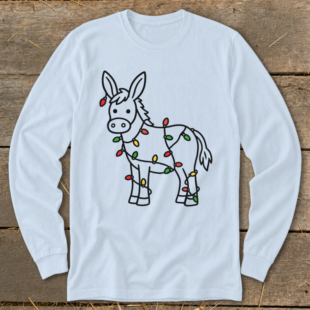 Donkey with colorful Christmas lights outline design on light blue long-sleeve shirt.