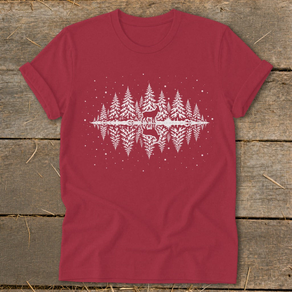 Red t-shirt with white forest scene featuring deer and reflections.