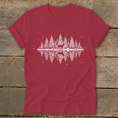 Red t-shirt with white forest scene featuring deer and reflections.