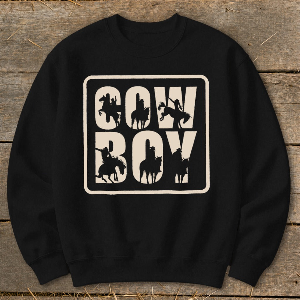 Black sweatshirt with "COW BOY" text and cowboy silhouette graphics.
