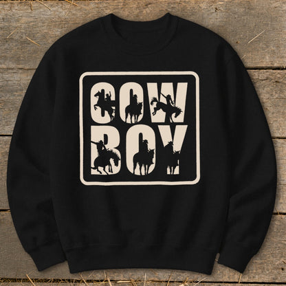 Black sweatshirt with "COW BOY" text and cowboy silhouette graphics.