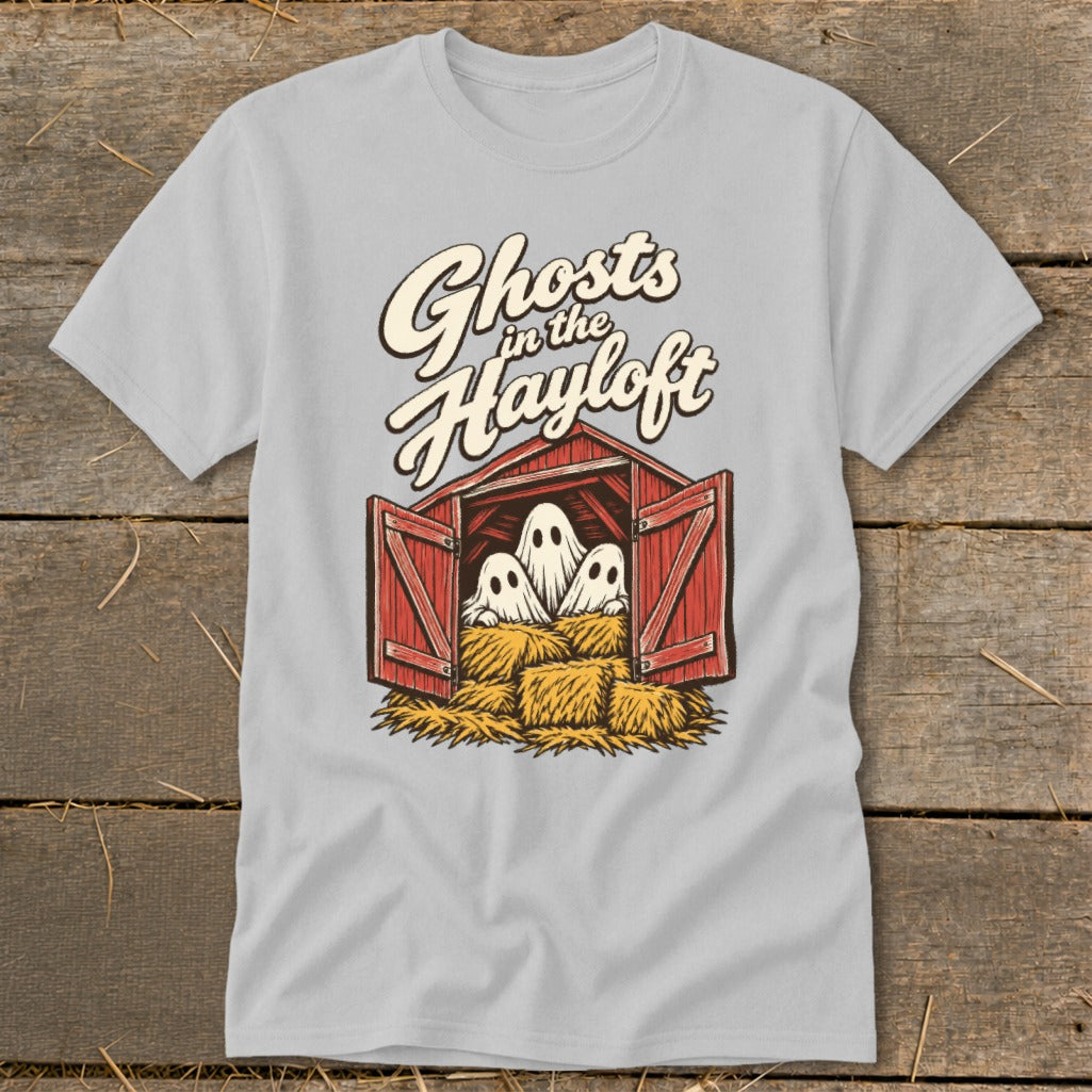 T-shirt graphic with "Ghosts in the Hayloft" text and three ghosts in a barn.