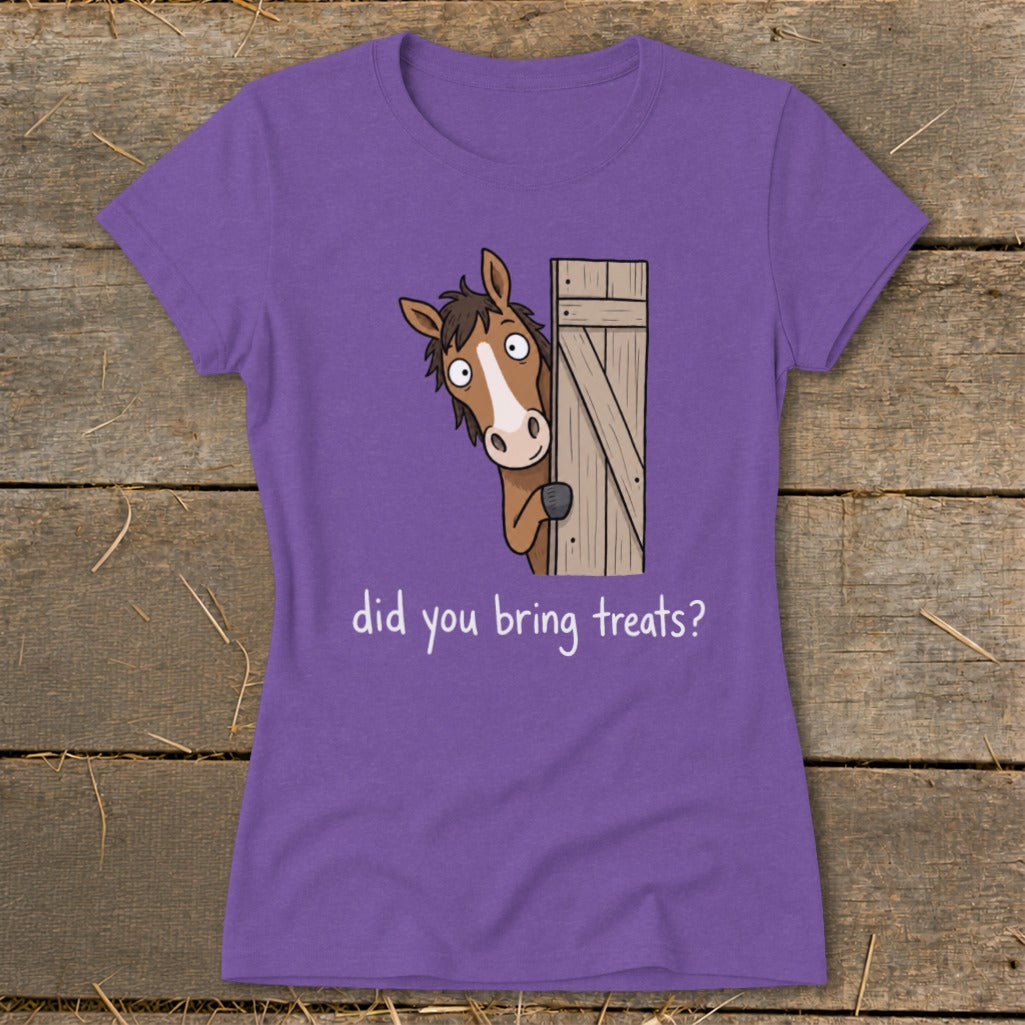 Purple t-shirt with cartoon horse peeking from behind a wooden door, asking "Did you bring treats?".