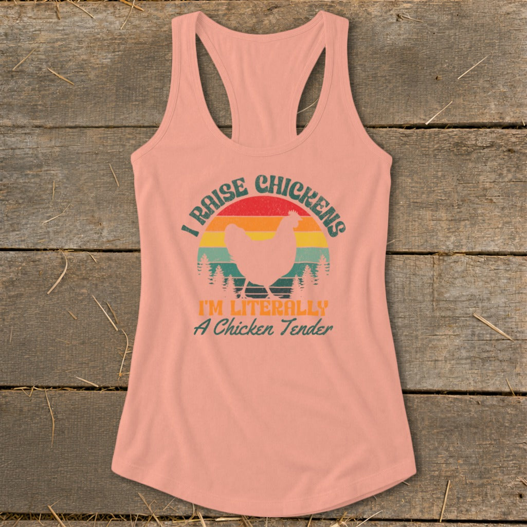 Peach tank top with text "I RAISE CHICKENS" and chicken graphic.