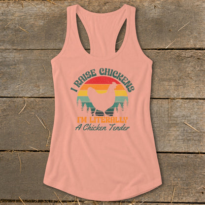 Peach tank top with text "I RAISE CHICKENS" and chicken graphic.