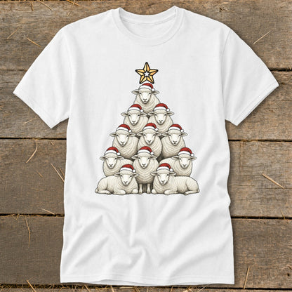 White t-shirt with a Christmas tree made of sheep wearing Santa hats, topped with a star.