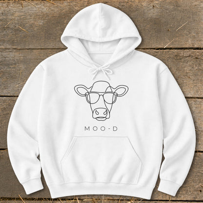 White hoodie with line art of a cow wearing sunglasses and text "MOO-D".