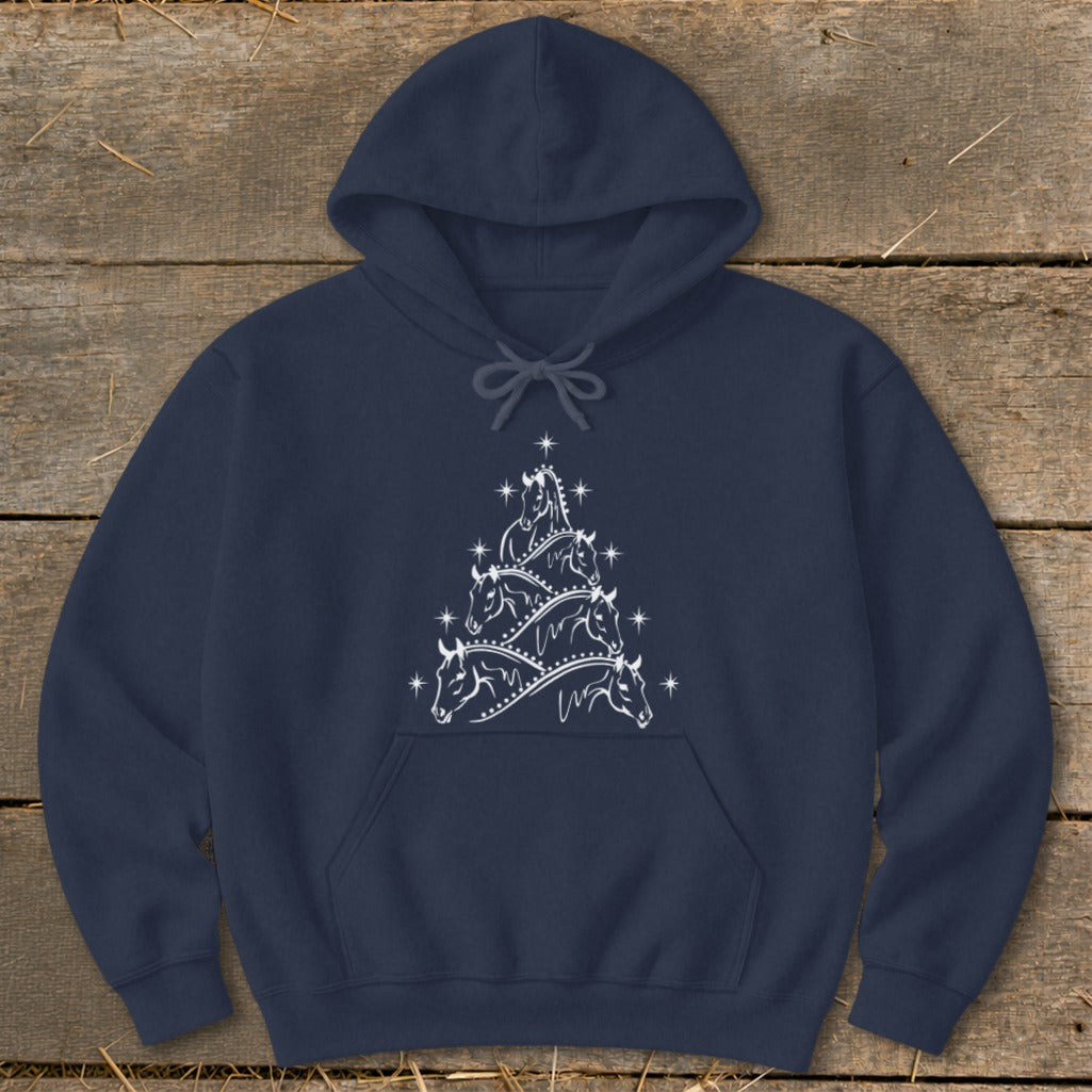 Navy hoodie with white horse Christmas tree graphic.