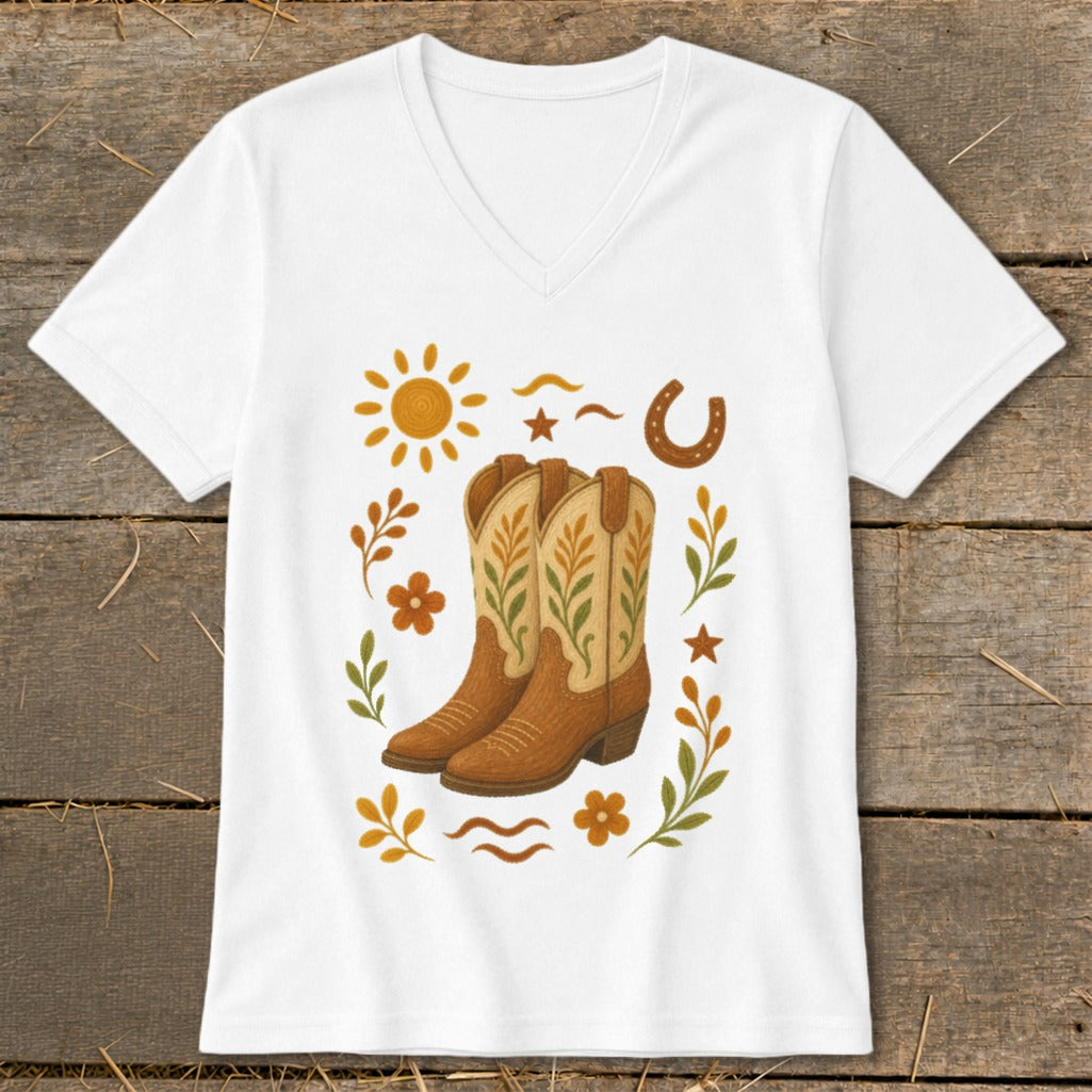 White v-neck t-shirt with cowboy boots, sun, horseshoe, and floral graphics.