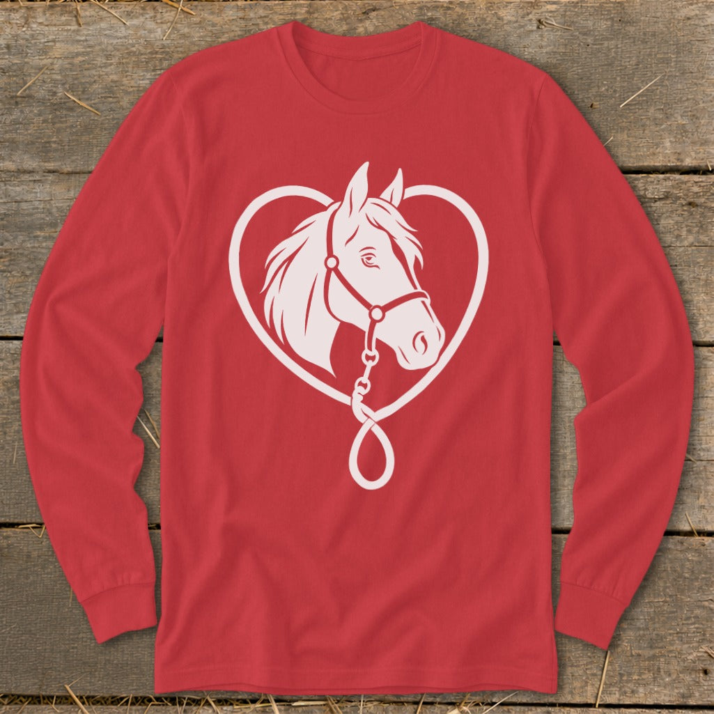 Red long-sleeve shirt featuring a white graphic of a horse head inside a heart.
