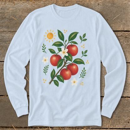 Light blue long-sleeve t-shirt with illustration of apples, flowers, and sun.