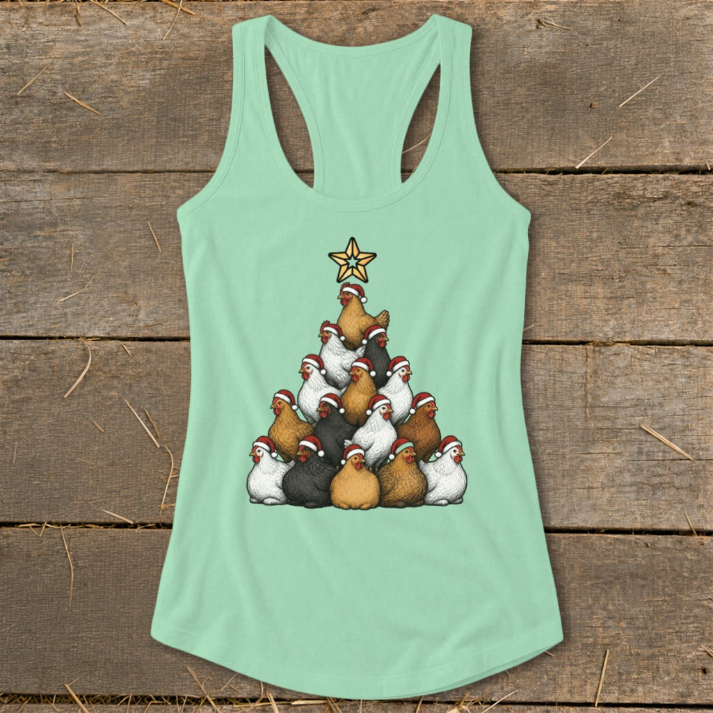 Mint green tank top with a Christmas tree made of chickens wearing Santa hats.