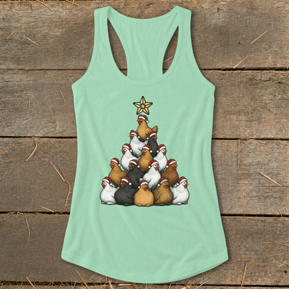 Mint green tank top with a Christmas tree made of chickens wearing Santa hats.
