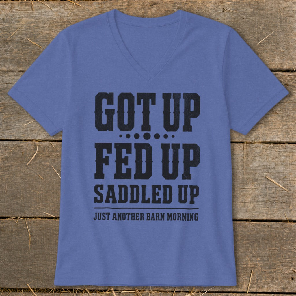 Purple t-shirt with black text reading "GOT UP FED UP SADDLED UP JUST ANOTHER BARN MORNING".