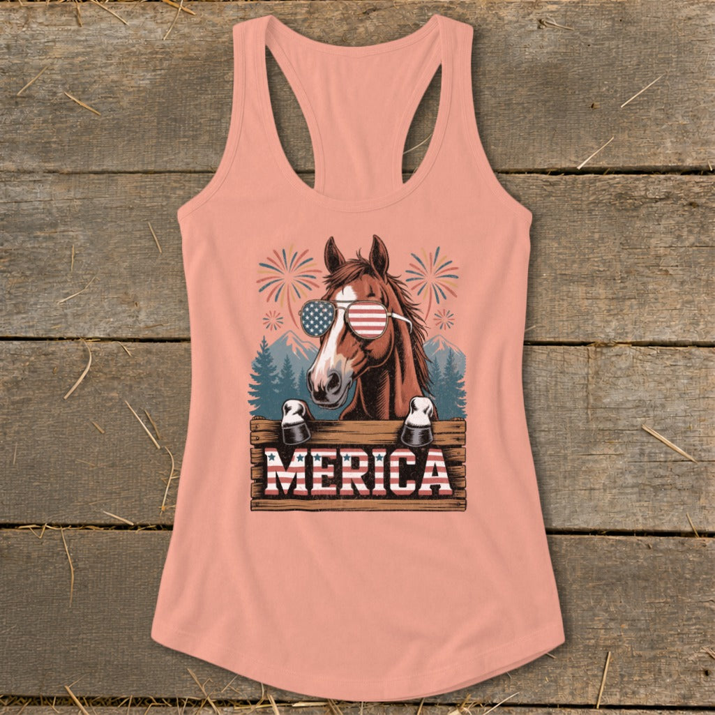 Horse wearing American flag sunglasses and "MERICA" text on a peach tank top.