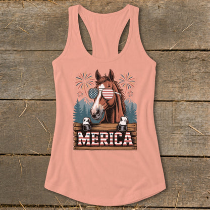 Horse wearing American flag sunglasses and "MERICA" text on a peach tank top.