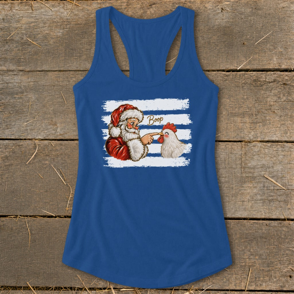 Santa booping a chicken with the word "Boop" on a blue tank top.