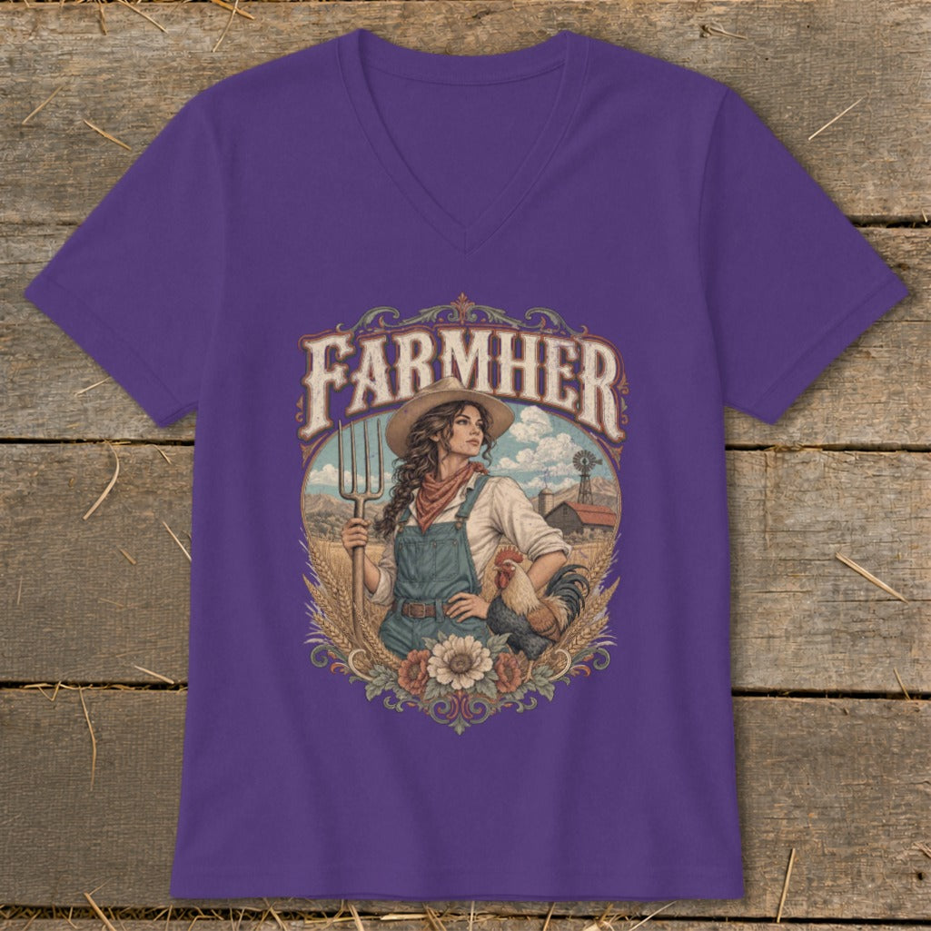 Purple t-shirt featuring the word "FARMHER" above a woman holding a pitchfork and a rooster.
