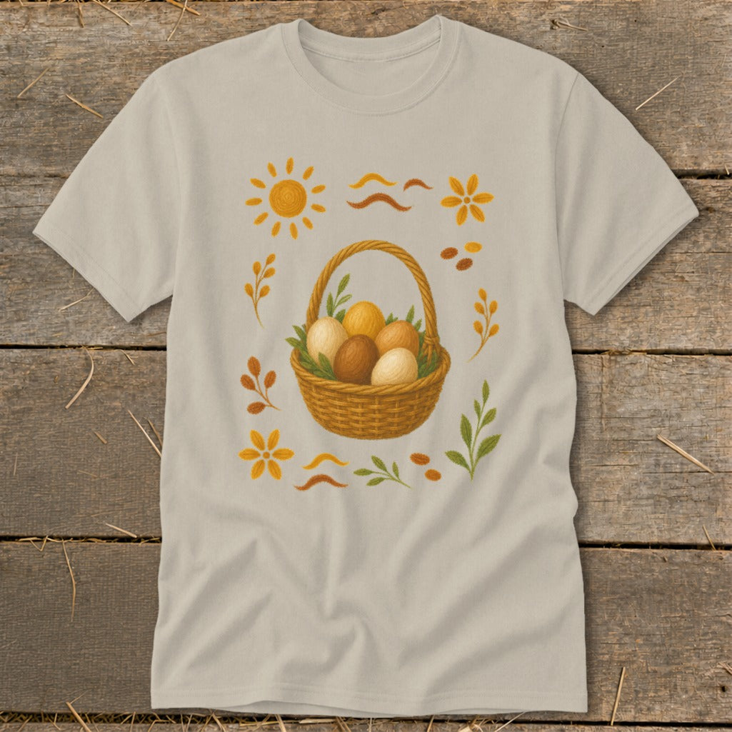 Light tan t-shirt with Easter basket, eggs, sun, flowers, and leaves graphic.