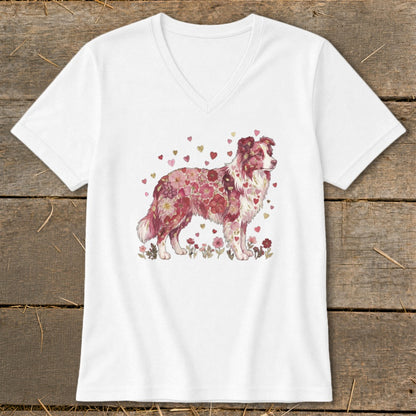 White V-neck t-shirt with a red merle Australian Shepherd dog covered in pink flowers and hearts.