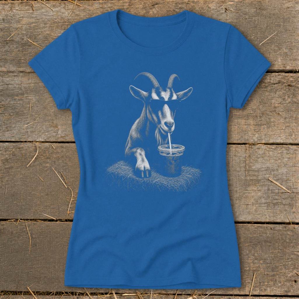 Blue t-shirt with a drawing of a goat wearing sunglasses drinking from a cup.