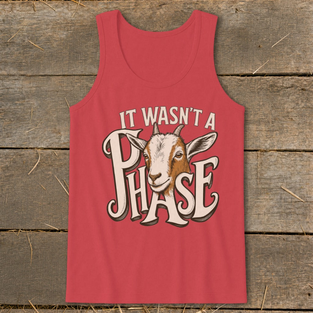 Red tank top with a goat graphic and text that reads "It wasn't a phase".